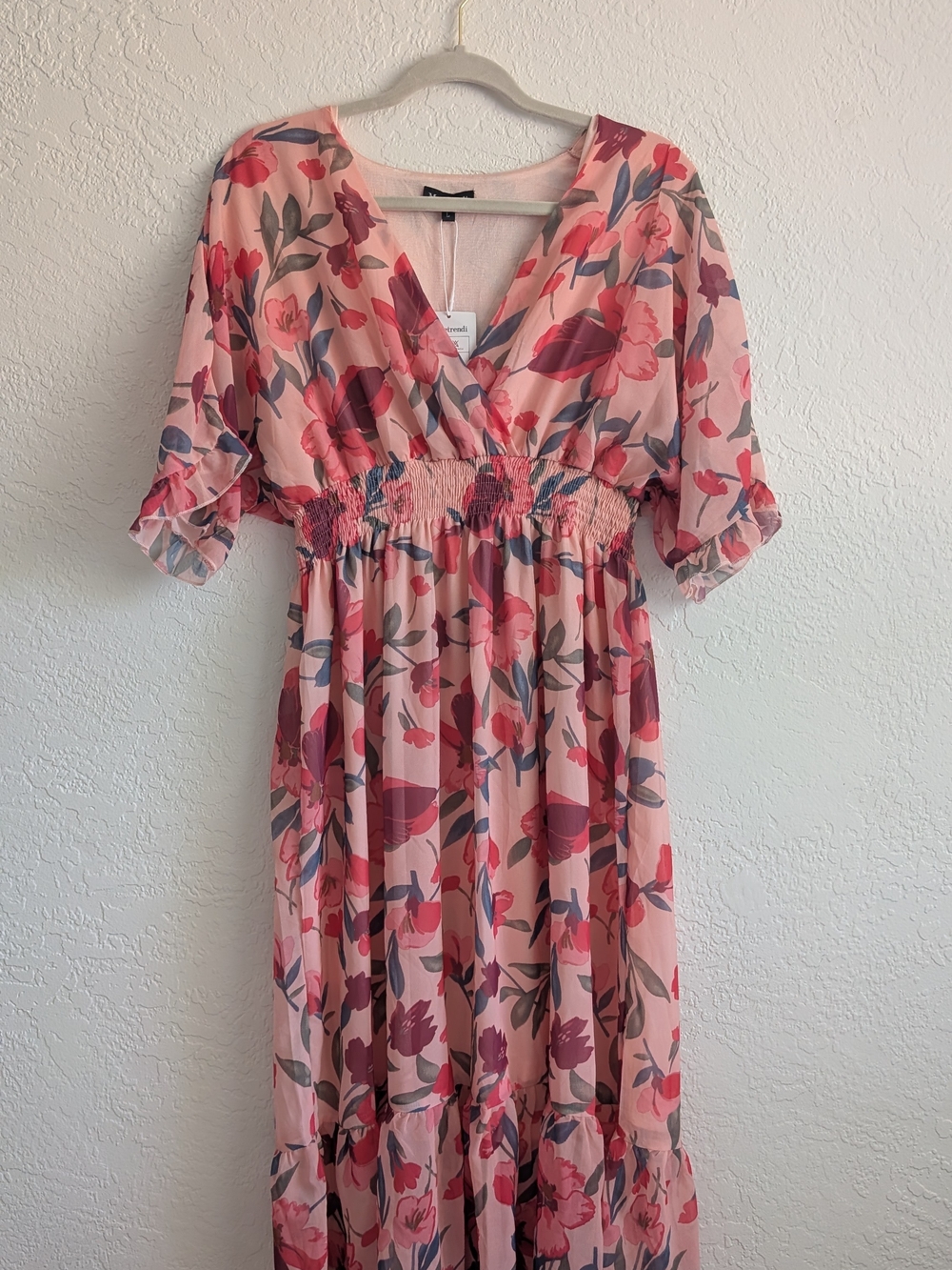 Floral Pink Midi Dress with Smocked Waist